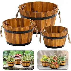 This set of 3 wooden flower boxes is made from durable acacia wood, making them perfect for outdoor use. The barrels feature ergonomic handles, making them easy to transport and move around your outdoor space. Each planter also comes with drainage holes to prevent overwatering and promote healthy plant growth.