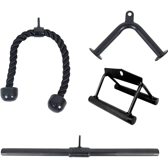 Enhance your workout routine with this comprehensive cable attachments set, which includes a Tricep Rope, V-Handle, V-Shaped Bar, and Straight Rotating Bar. Each piece is designed to fit most cable systems, ensuring versatility and convenience in your fitness regimen.