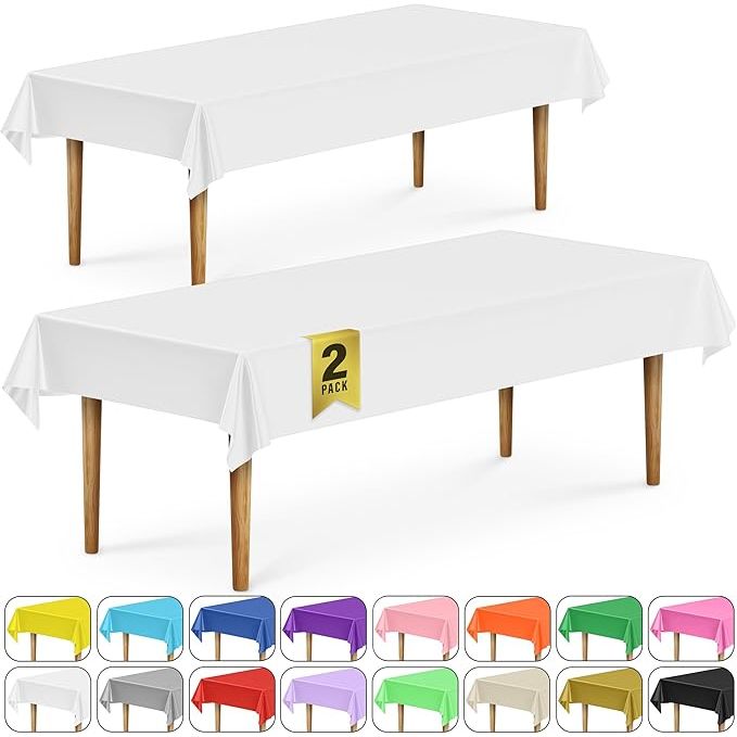 DecorRack 2 Rectangular Tablecloths are made from BPA-free plastic and measure 54 x 108 inches, making them perfect for covering dining tables at parties, picnics, camping trips, or outdoor events. The white color of the tablecloths adds a clean and elegant touch to any setting.