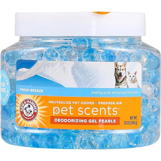 Arm & Hammer for Pets Air Care Pet Scents Deodorizing Gel Beads in Fresh Breeze is a 12 oz pet odor neutralizing gel that helps to eliminate unwanted smells in your home. The gel beads are infused with baking soda, a powerful ingredient known for its odor-eliminating properties.