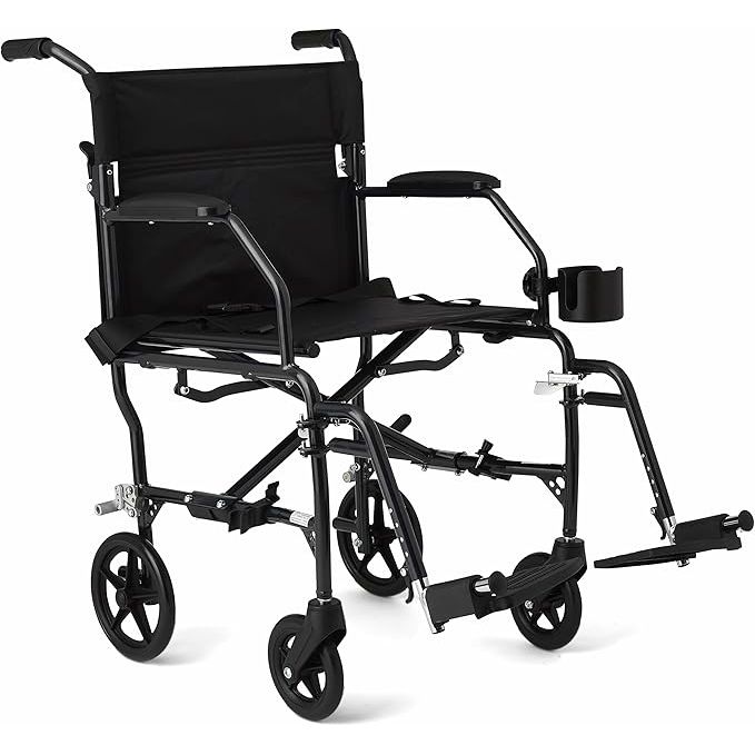The Medline Ultra Lightweight Transport Wheelchair is designed for adults and features a foldable design for easy transport and storage. The wheelchair has a 19-inch seat width, making it comfortable for most users. The black frame and upholstery give the wheelchair a sleek and modern look.