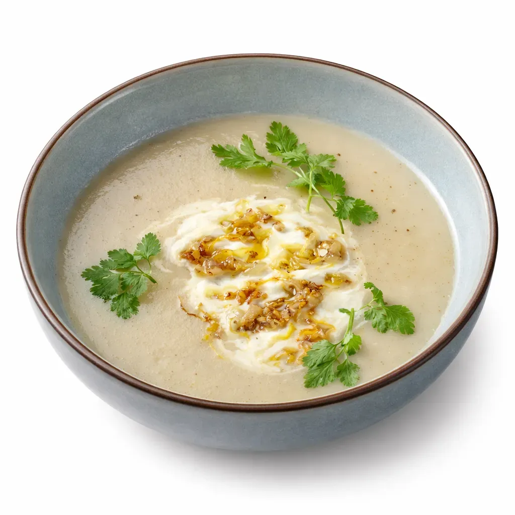 A rich and creamy Belgian chicory soup made with tender chicory, shallots, garlic, and chicken stock, topped with caramelized chicory and sour cream.