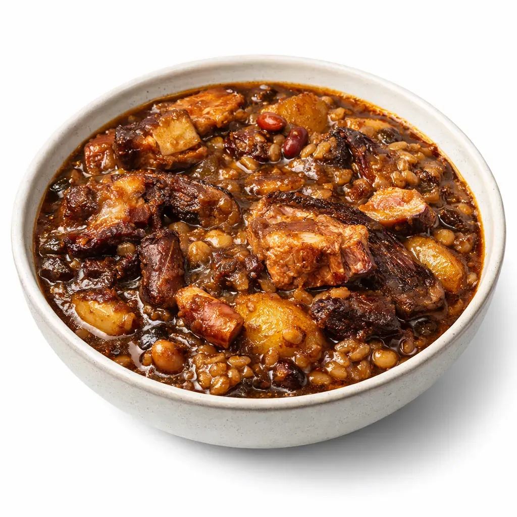 Cholent is a traditional Jewish stew that is slow-cooked to create rich flavors and tender ingredients. Ideal for Shabbat, this recipe is designed for a slow cooker with minimal prep, resulting in a warm and comforting dish.
