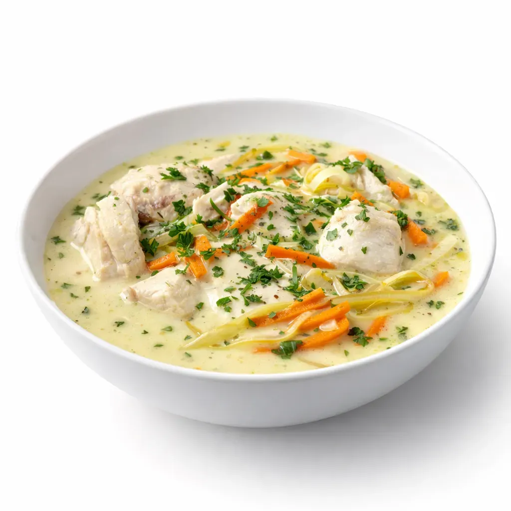 A classic Flemish dish from Ghent, Belgium, featuring tender chicken simmered with aromatic vegetables in a flavorful white wine broth, bound together with a rich cream and egg yolk sauce.
