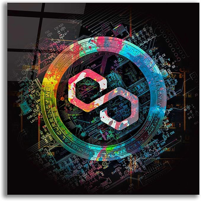 The Epic Art 'Polygon Crypto Giga Coin' by Epic Portfolio is a unique piece of artwork created on a 12"x12" glass acrylic frame. The design features a vibrant and intricate depiction of a polygonal cryptocurrency coin, symbolizing the digital currency revolution.