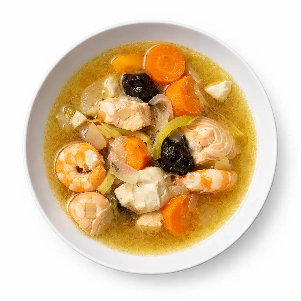 A whimsical seafood stew inspired by traditional Breton cuisine, featuring a savory mix of fresh seafood and a tangy mustard broth, perfect for an imaginative dining experience.