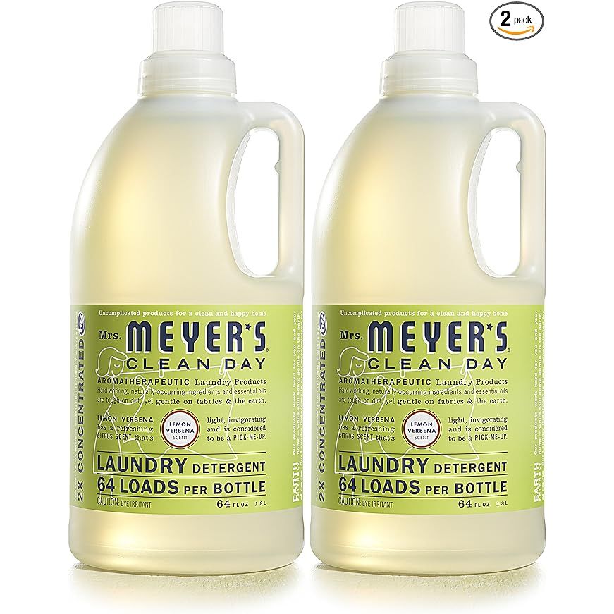 MRS. MEYER'S CLEAN DAY Liquid Laundry Detergent is a biodegradable formula infused with essential oils, specifically lemon verbena. It comes in a pack of two 64 oz bottles, which provide a total of 128 loads of laundry.