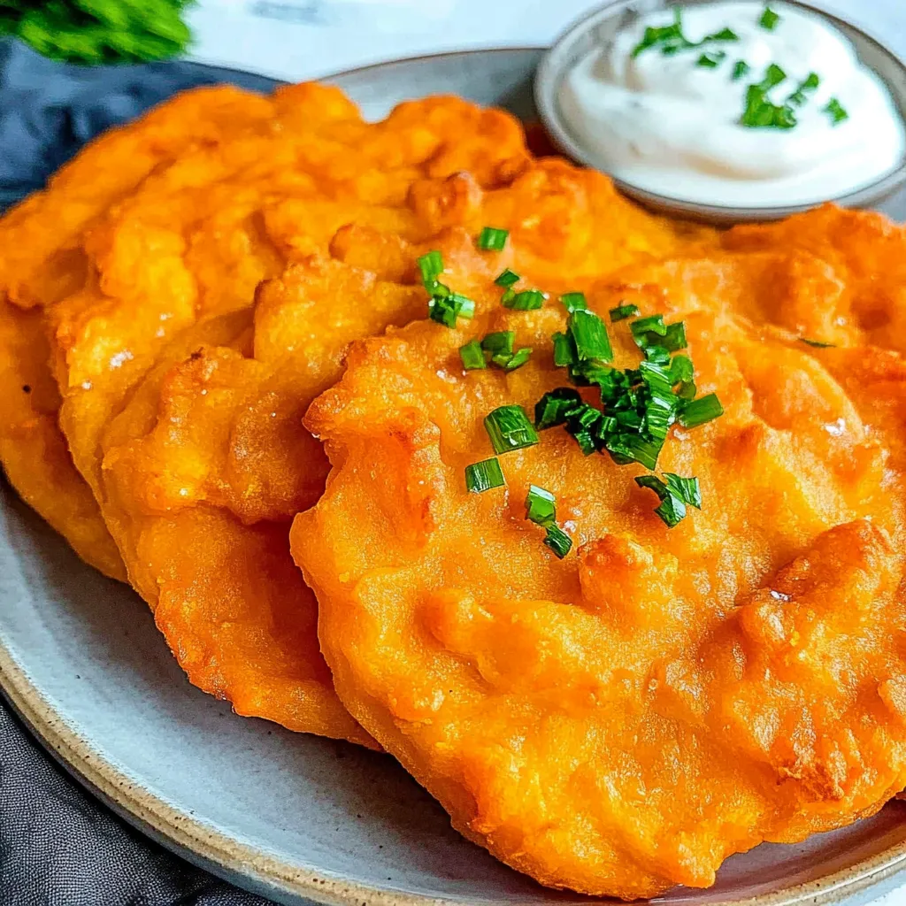 Süßkartoffel-Langos is a Hungarian-inspired street food that has been given a sweet twist with the inclusion of sweet potatoes. This deep-fried flatbread is traditionally made with a simple yeast dough, but here sweet potatoes are added to the dough for a unique flavor and color. Once the dough is made, it is allowed to rise until doubled in size, then portions are stretched into flat, disk-like shapes and fried until golden brown and crispy. Süßkartoffel-Langos can be enjoyed with a variety of toppings, such as garlic sauce, cheese, sour cream, or even sweet toppings due to the versatile nature of sweet potatoes.