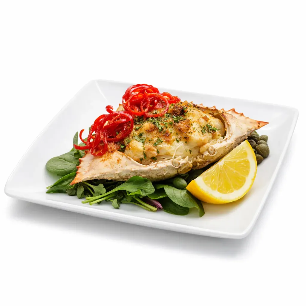 A traditional Dominican dish featuring crab meat stuffed in crab shells, baked to perfection with breadcrumbs and garnished beautifully, perfect for brunch or appetizers.