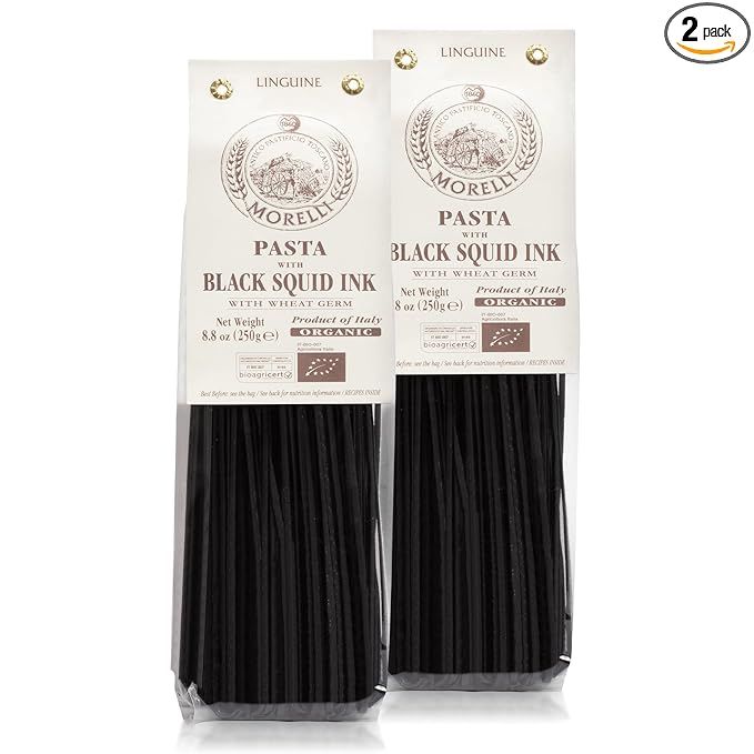 Morelli Squid Ink Pasta Linguine are delicious organic Italian pasta made with durum wheat semolina and infused with Nero Di Seppia, or squid ink. This unique ingredient gives the pasta its striking black color and adds a mild seafood flavor to the dish.