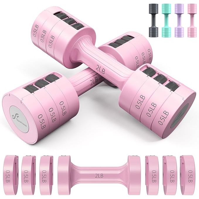 The Sportneer Adjustable Dumbbells Hand Weights Set includes two dumbbells with a weight range of 2lbs to 5lbs, with each dumbbell containing four weight plates. This allows for quick and easy adjustments in increments of 1lb, making it suitable for both beginners and more experienced weightlifters.