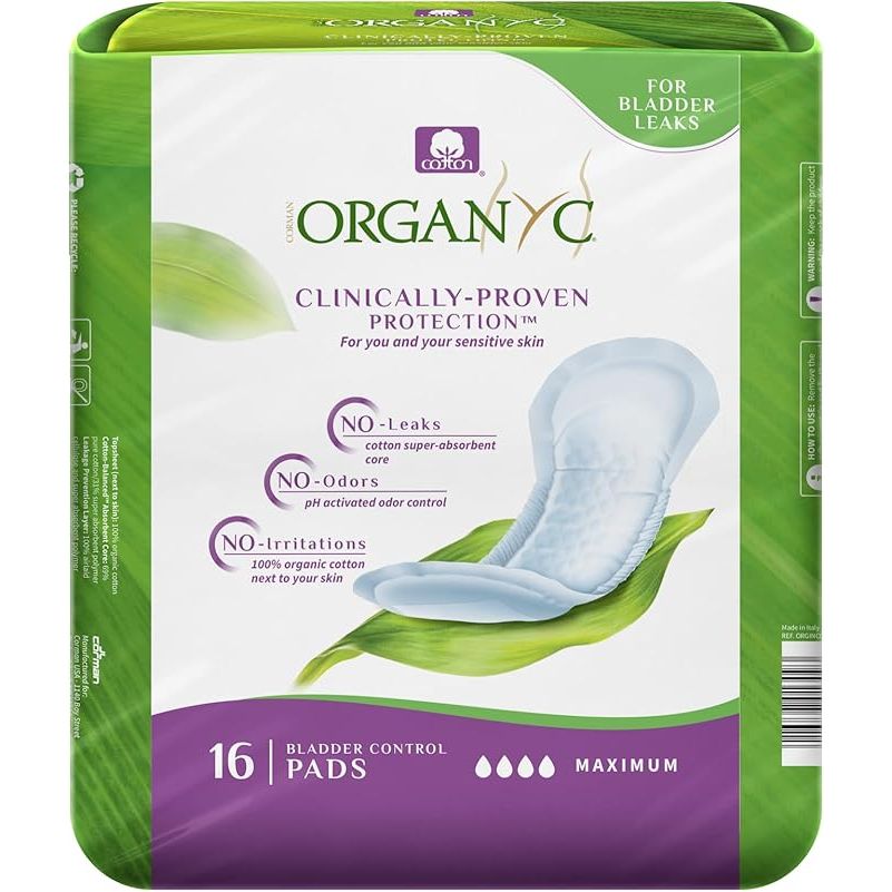 Organyc 100% Organic Cotton Incontinence Pads are specifically designed for managing bladder leaks with maximum flow. These pads are made from 100% certified organic cotton, making them gentle on sensitive skin and a natural alternative to traditional pads made with synthetic materials.