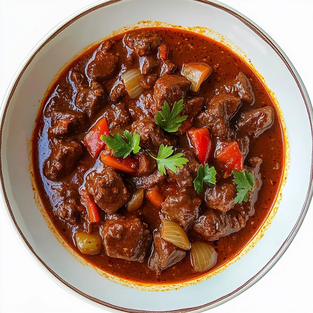 Rindergulasch, or beef goulash with paprika and onions, is a hearty and classic Hungarian stew known for its rich flavors and tender meat. The dish is characterized by its generous use of paprika, which provides a smoky depth, coupled with the sweetness of slow-cooked onions.