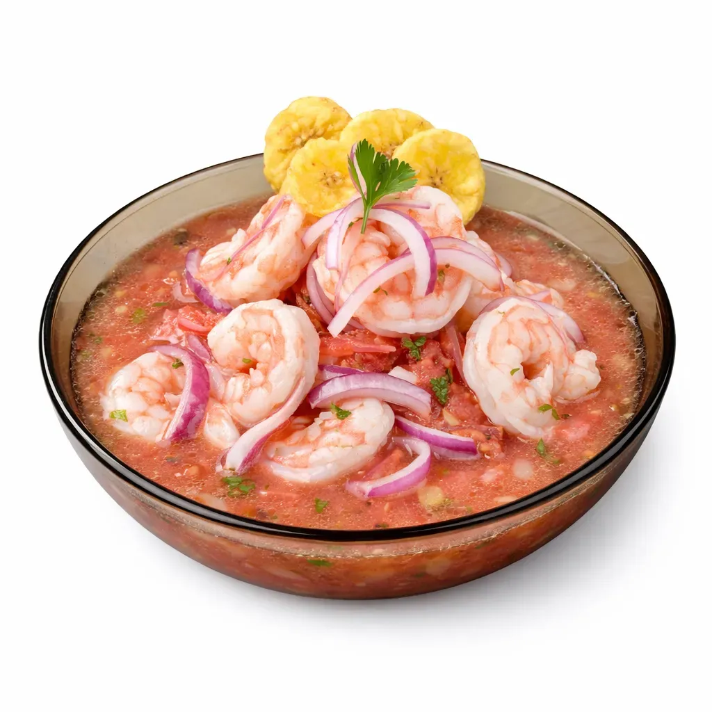 A delightful, refreshing dish showcasing succulent shrimp marinated in zesty citrus juices, fresh tomatoes, and aromatic cilantro, perfect as an appetizer or light main course.