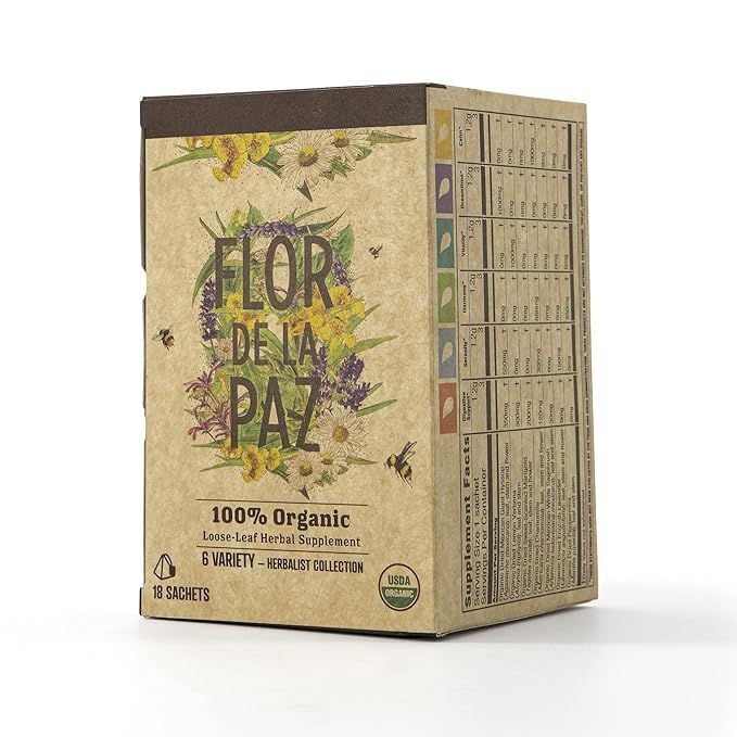 FLOR DE LA PAZ is a brand that offers a Sachet Variety Box of organic herbal tea, containing 18 assorted tea bags. This variety box includes a selection of different herbal teas, each carefully crafted with organic ingredients to provide a flavorful and aromatic tea-drinking experience.