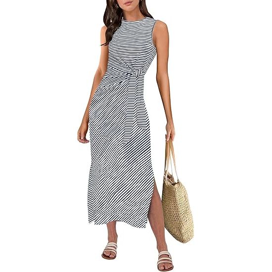 ANRABESS Womens Summer Casual Sleeveless T Shirt Midi Dress Slim Fit Tie Waist Split Tank Long Dresses 2025 Vacation Sundress image