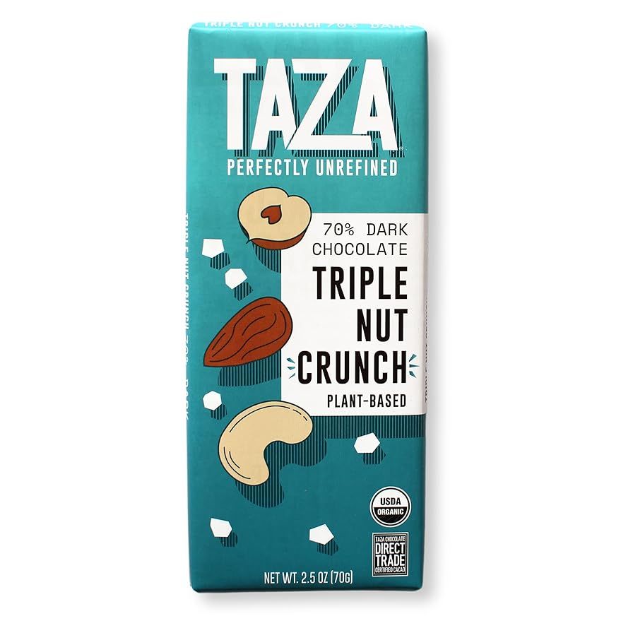 Taza Chocolate is known for its high-quality, organic chocolate bars that are made using traditional stone grinding methods. The Taza Chocolate Organic Smooth & Crunchy Bars in Triple Nut Crunch flavor are made with 70% dark chocolate and a blend of roasted almonds, cashews, and hazelnuts for a satisfying crunch with every bite. Each bar weighs 2.