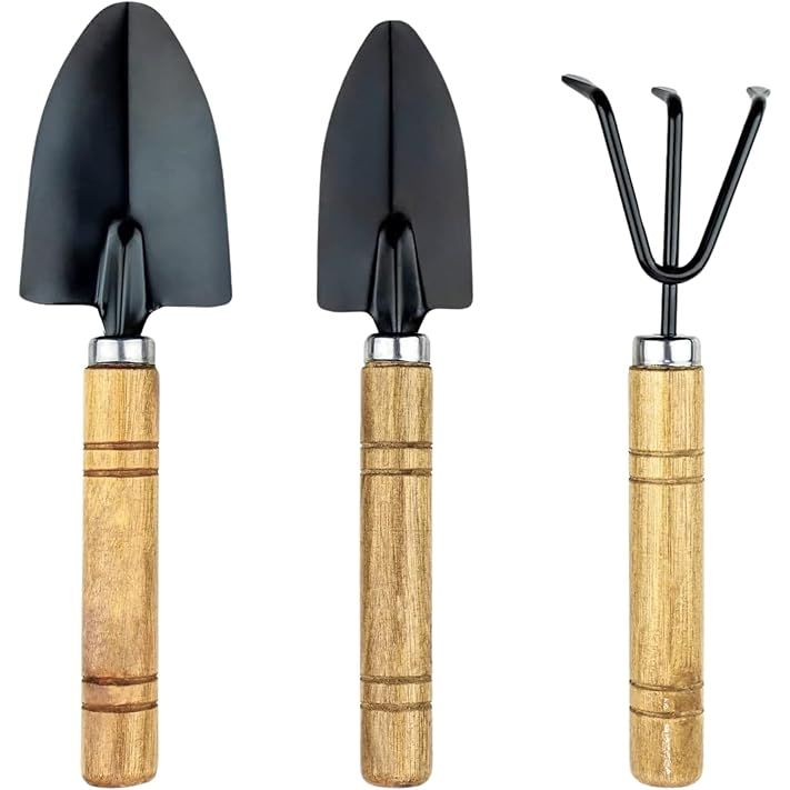 The Garden Tools Miniature Steel Gardening Tools Set with Non-Slip Rubber Grip Set is a compact and lightweight set of gardening tools designed for indoor use. The set includes a hand shovel and a black color, amz001.