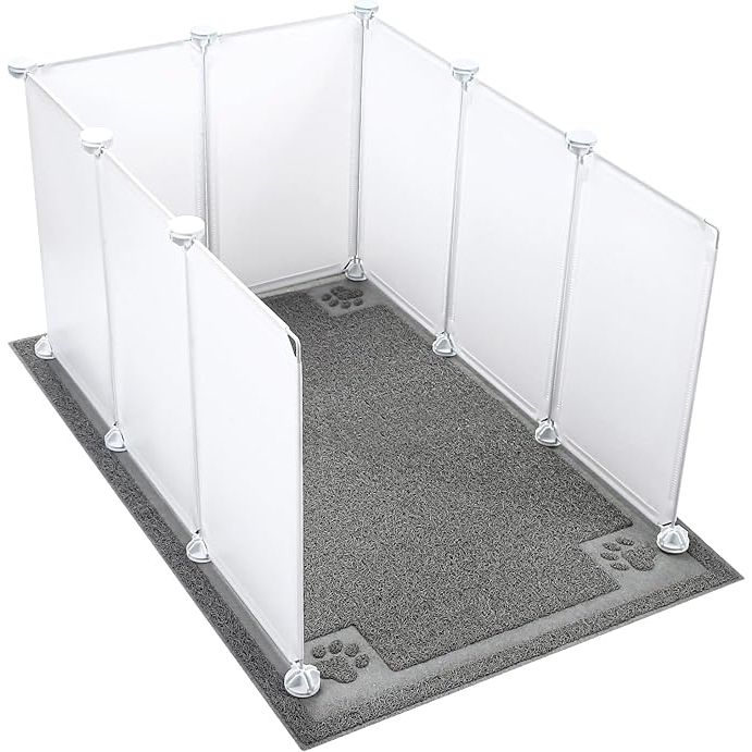 The Cat Litter Box Enclosure Splash Guard is an extra large enclosure measuring approximately 29.8L x 20.3W x 16.5H inches. It is designed to house a standard size litter box and features a splash guard to help contain litter scatter. The enclosure also comes with a cat litter mat that helps trap and contain litter for easy clean-up.