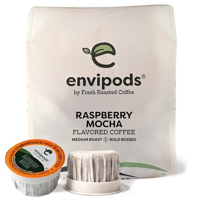 Fresh Roasted Coffee offers a delicious Raspberry Mocha Compostable Envipods in a medium roast. This product is a 12 count pack of kosher coffee pods designed for Keurig K Cup Brewers. Made with high-quality beans, these Envipods are environmentally friendly and fully compostable, ensuring a guilt-free brewing experience.