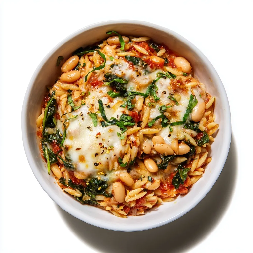 A comforting one-pan dish combining pasta, white beans, marinara, and fresh spinach, topped with gooey mozzarella and Parmesan cheese. Ready in just 30 minutes.