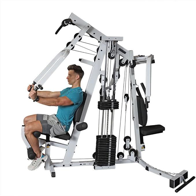 The Body-Solid Multi-Station Home Gym Machine is a versatile piece of exercise equipment designed for strength training at home. It features a single weight stack with a total weight of 210lbs, providing various resistance levels to target different muscle groups.