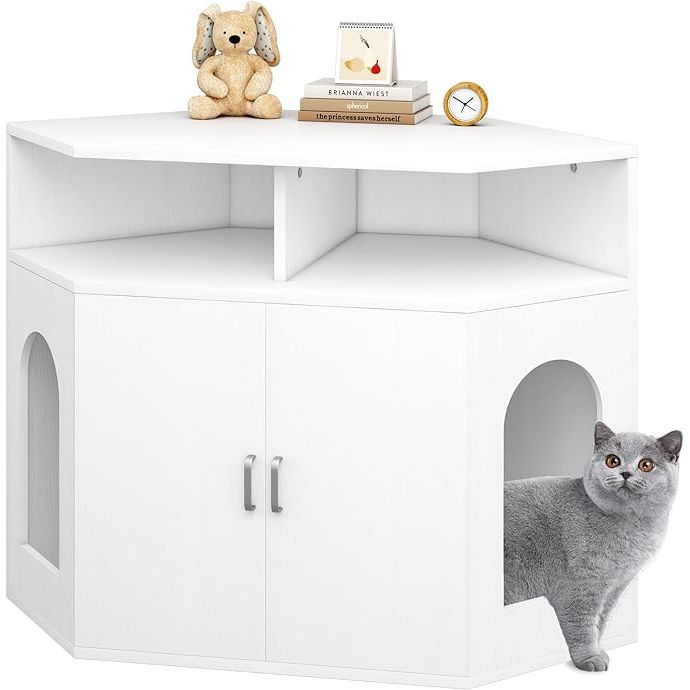 The Multi-Function Cat House is a practical and elegant solution for hiding your cat's litter box while providing an additional storage shelf for cat food, books, and other items. Its large interior space can accommodate most litter boxes and has a desktop load capacity of up to 220 pounds, making it a versatile option for any home.