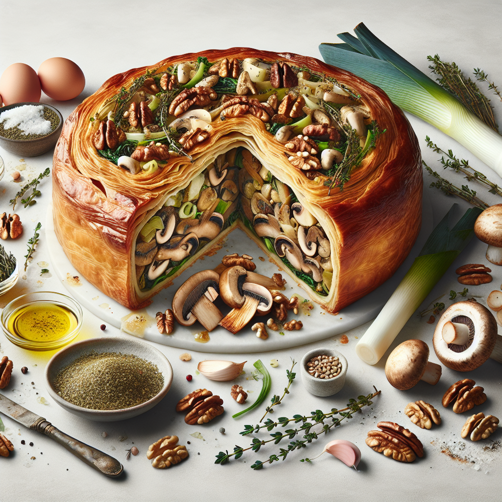 Vegetable Wellington is a sumptuous vegetarian version of the classic Beef Wellington. In this recipe, a flaky and golden puff pastry encases a rich and savory filling made from finely chopped mushrooms, toasted nuts, sautéed leeks, and a blend of herbs like thyme and rosemary.