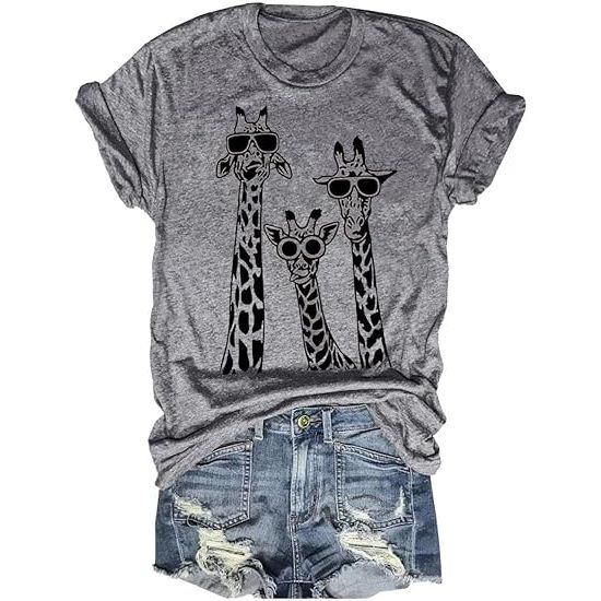 Womens Funny Giraffe Valentine's Day Shirts Casual Short Sleeve Grey O-Neck Heart Glasses Printed T-Shirts Tops