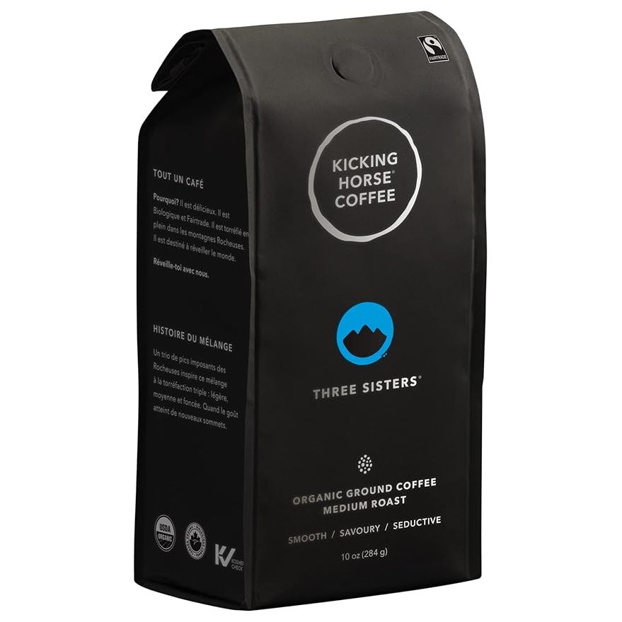 Three Sisters is a popular medium roast coffee from Kicking Horse Coffee, known for its smooth and balanced flavor profile. This coffee features a blend of beans from Central and South America, offering a well-rounded and mellow taste with hints of cocoa and nuts. It is ground for convenience and comes in a 10 oz package for easy brewing.