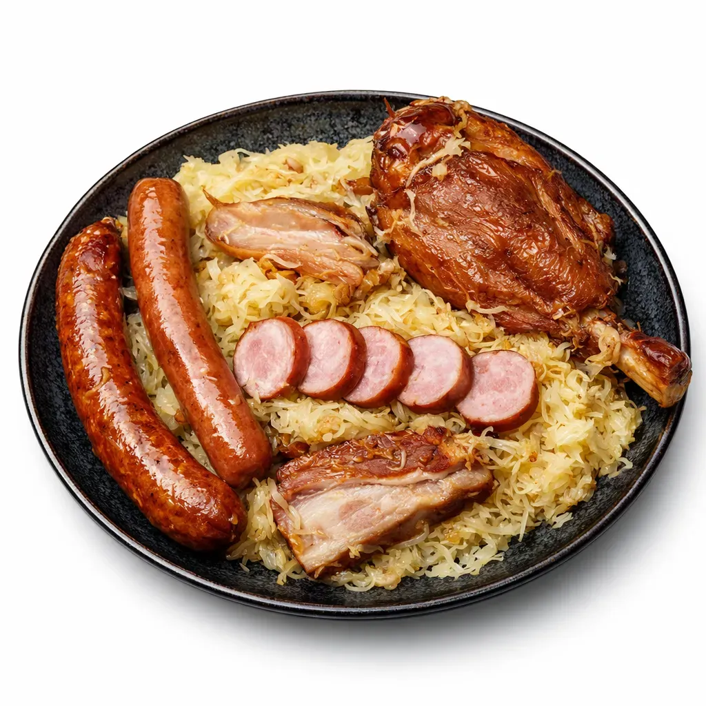 A traditional Alsatian dish combining sauerkraut slowly cooked with various pork and sausages, perfect for family meals.