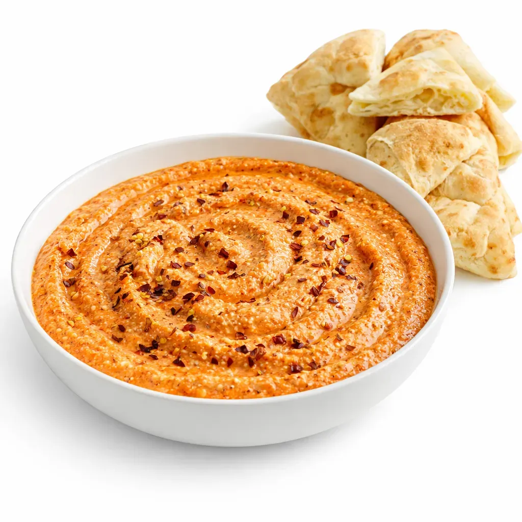 A delightful Greek spread combining tangy feta cheese and smoky roasted red peppers, perfect as an appetizer with pita or veggies.