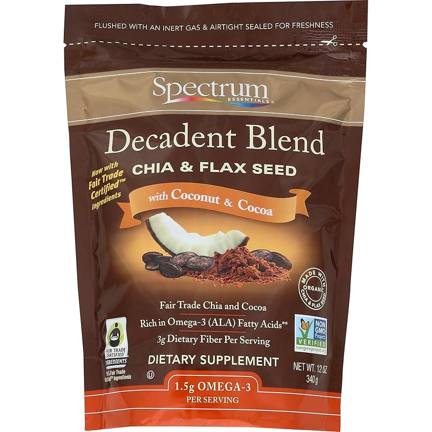 Spectrum Essentials Chia & Flax Seed Decadent Blend is a nutritious and tasty blend of chia and flax seeds mixed with coconut and cocoa. This 12 oz package is packed with omega-3 fatty acids, fiber, and protein, making it a great addition to your daily diet.