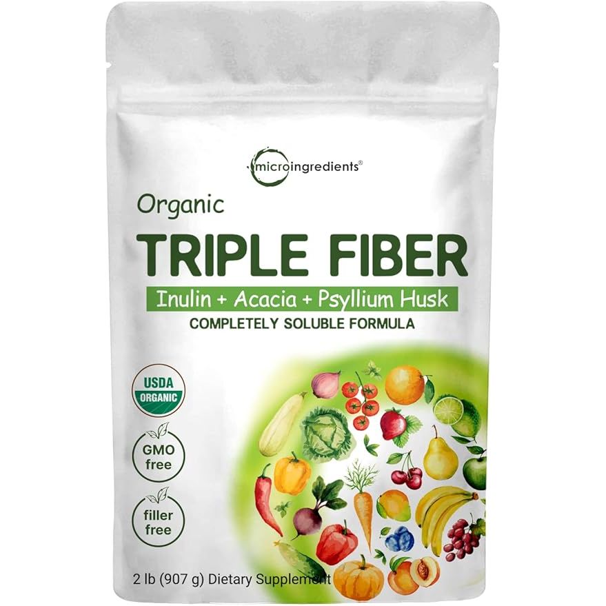 Organic Soluble Prebiotics Fiber Supplement is a 3-in-1 formula containing Inulin, Acacia, and Psyllium Husk. This supplement provides a daily dose of fiber, promoting digestive health and aiding in hunger control. It is unflavored, making it versatile and easy to incorporate into your daily routine.