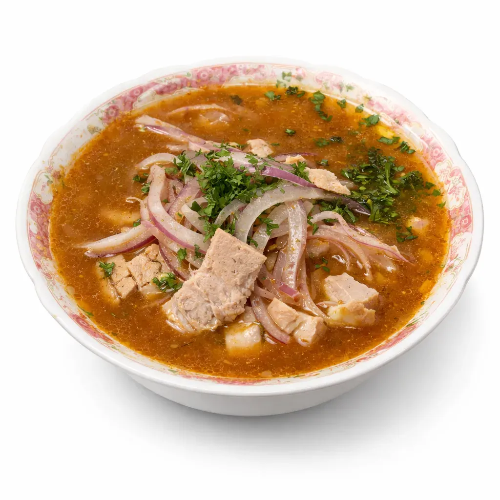 A soul-warming Ecuadorian soup known for its robustness and deeply entrenched flavors, traditionally embraced as a remedy for hangovers, featuring tender tuna and yucca in a savory broth topped with fresh garnishes.