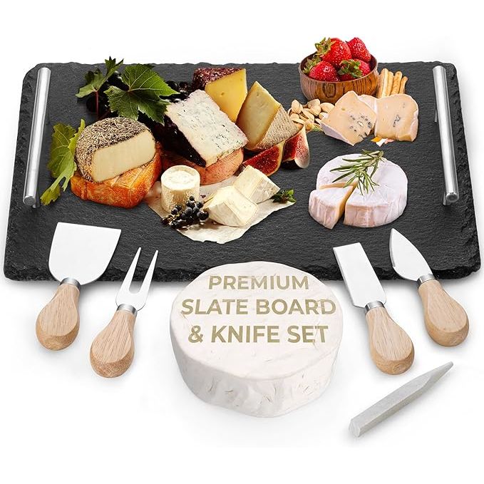 The Yes4Quality Slate Cheese Board Set is a deluxe serving tray made from natural stone slate, measuring 14” x 10” and featuring easy carry handles for convenience. This elegant black slate board is perfect for serving appetizers and cheese at parties or gatherings, providing a sophisticated presentation that complements any tabletop decor.