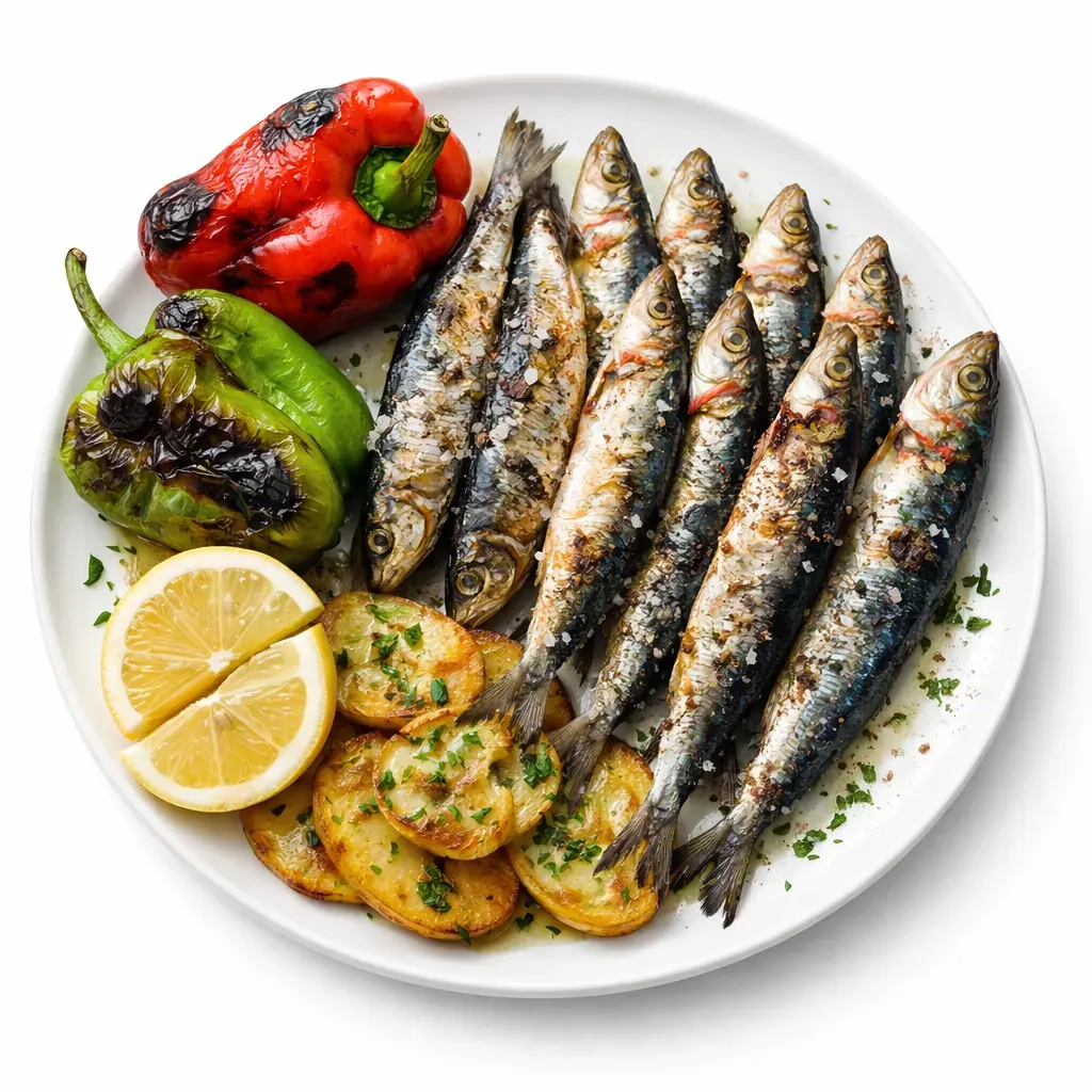 Experience the authentic flavors of Portugal with delightful grilled sardines complemented by fresh salad, colorful peppers, and hearty potatoes.
