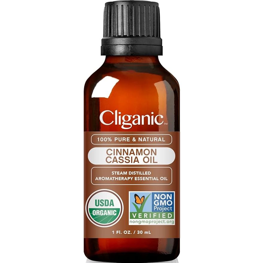 Cliganic Organic Cinnamon Cassia Essential Oil is a 100% pure and natural essential oil that is undiluted and non-GMO verified. It is sourced from the bark of the Cinnamomum cassia tree and is known for its warm and spicy aroma. This essential oil is commonly used in aromatherapy to help create a relaxing and comforting environment.