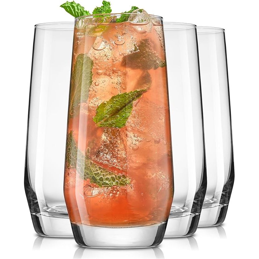 The JoyJolt Gwen 18.5 oz Highball Glasses are a set of 4 tall glasses made from lead-free crystal glass. These glasses are perfect for serving a variety of beverages, including water, mojitos, Tom Collins, and other mixed drinks. The sleek design and 18.5 oz capacity make them ideal for both casual and formal occasions.