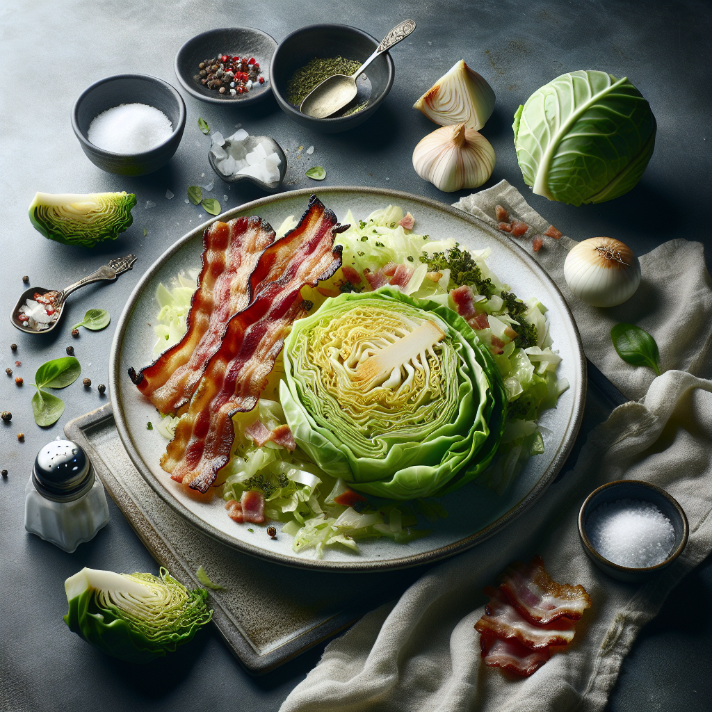 This hearty recipe features a delightful combination of crispy smoked bacon and tender sautéed cabbage. The cabbage is sliced into thin strips and fried in the rendered bacon fat, allowing it to soak up all the savory flavors. Bacon adds a smoky depth, while a light seasoning of salt, pepper, and a hint of sugar balance the dish's profile.