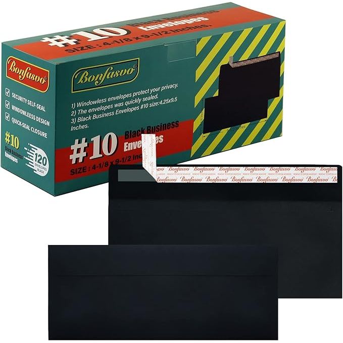 The 120 Pack #10 Black Security Envelopes are designed to provide secure mailing for your important documents. These envelopes are made of durable kraft paper and measure 4-1/8 x 9-1/2 inches, making them ideal for standard letter-size documents. The windowless design ensures that your confidential information stays private during transit.