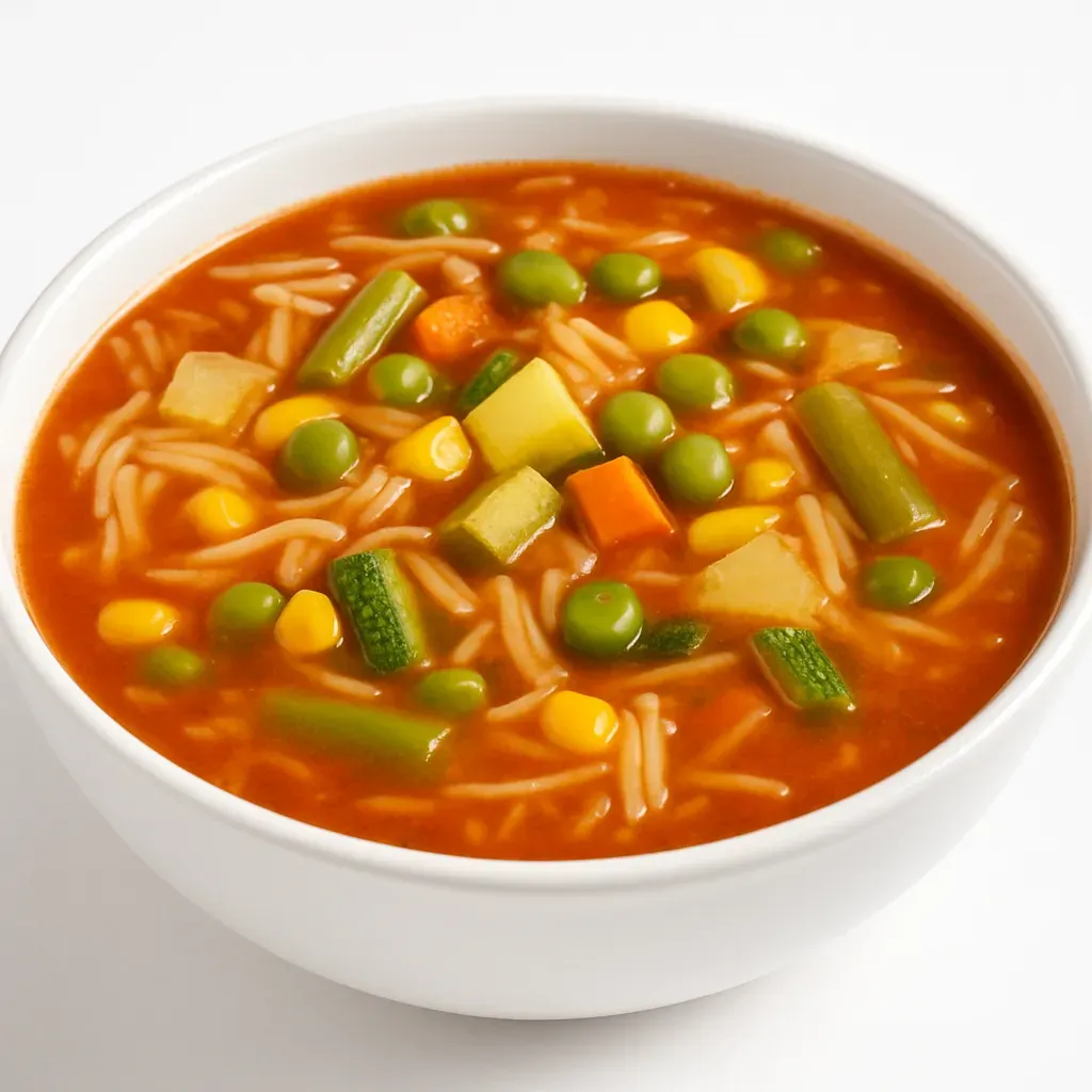 A comforting Mexican noodle soup brimming with vibrant vegetables and rich flavors, perfect as an appetizer, side dish, or light main course.