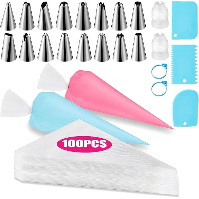 The Piping Bags and Tips Set is a comprehensive cake decorating supplies kit that includes 100 pieces of 12-inch pastry bags, 16 piping tips, 3 cake scrapers, 2 couplers, and 2 bag ties. This set offers a variety of tools to help you create beautifully decorated cakes, cupcakes, and other baked goods.