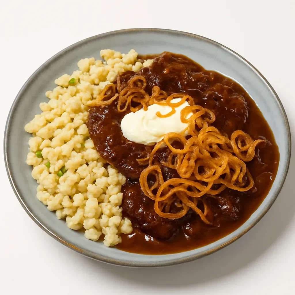 Experience the rich flavors of Austrian cuisine with this traditional Zwiebelrostbraten recipe, served with homemade Spätzle and topped with crispy fried onions and sour cream, delivering a deliciously memorable meal.