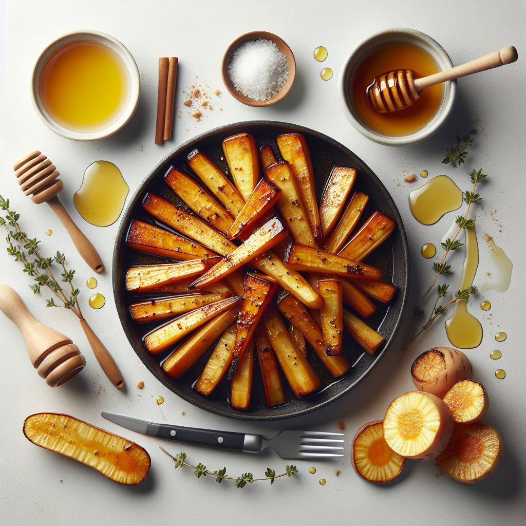 Caramelized Parsnips, Honey-glazed, are a delectable and sweet side dish perfect for elevating any meal. The parsnips are peeled and sliced into strips, then pan-roasted with a mixture of butter and honey until they become beautifully golden and caramelized.