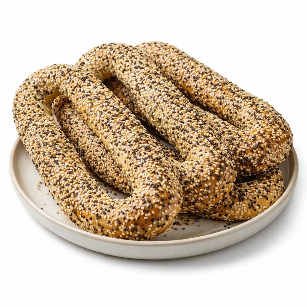 Jerusalem Bagels, or Ka’ak Al-Quds, feature an iconic elongated shape and a crust of sesame seeds, providing a delightful contrast of textures with a crispy exterior and a soft, airy inside. Perfect for any meal or snack, they are traditionally enjoyed with olive oil, za’atar, and labneh.