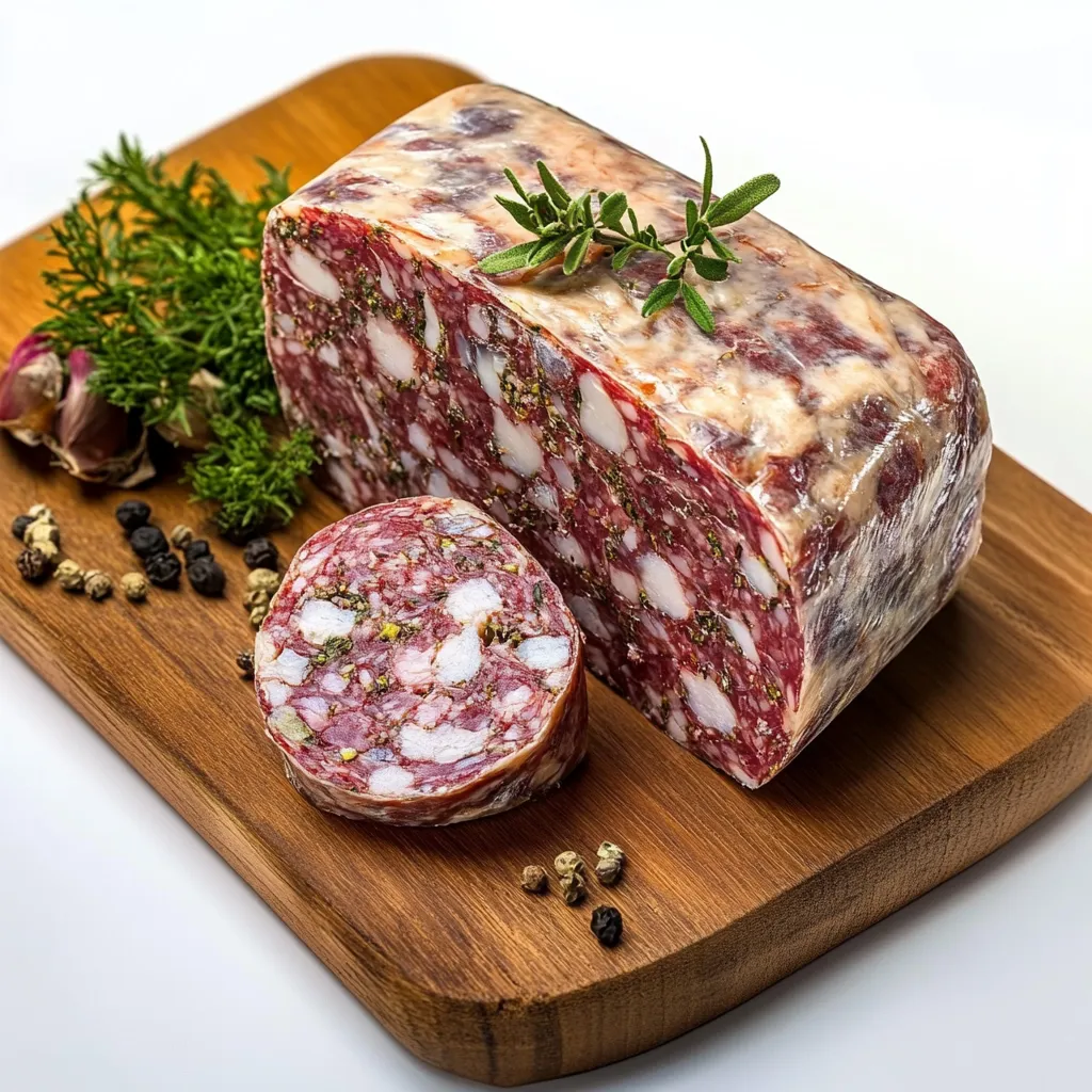 Herb and Spice Head Cheese, also known as Presssack, is a traditional charcuterie dish that originates from German cuisine. This savory deli meat is prepared by simmering the head of a pig or calf with a combination of hearty spices and fresh herbs until tender.