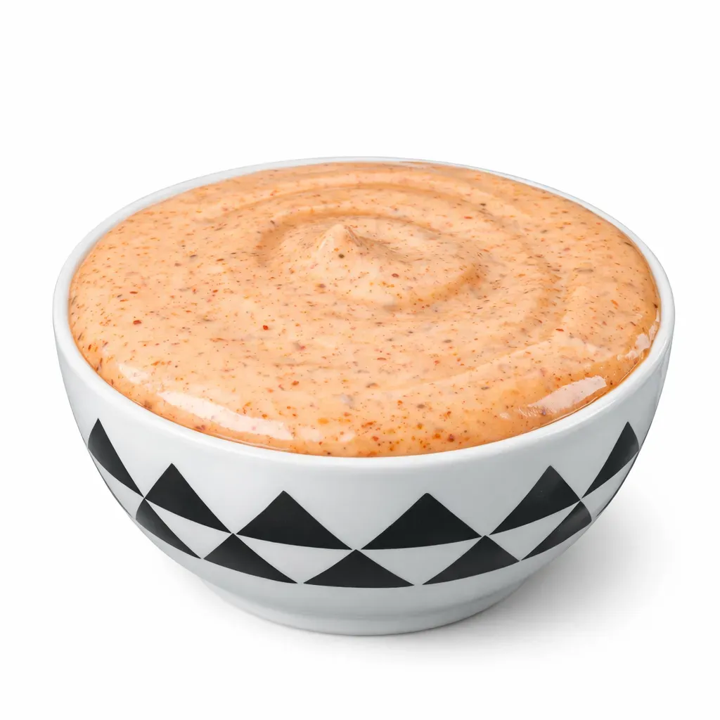 A bold and fiery homemade French condiment that combines creamy mayonnaise with spicy harissa and paprika, perfect for pairing with fries, burgers, or grilled meats.