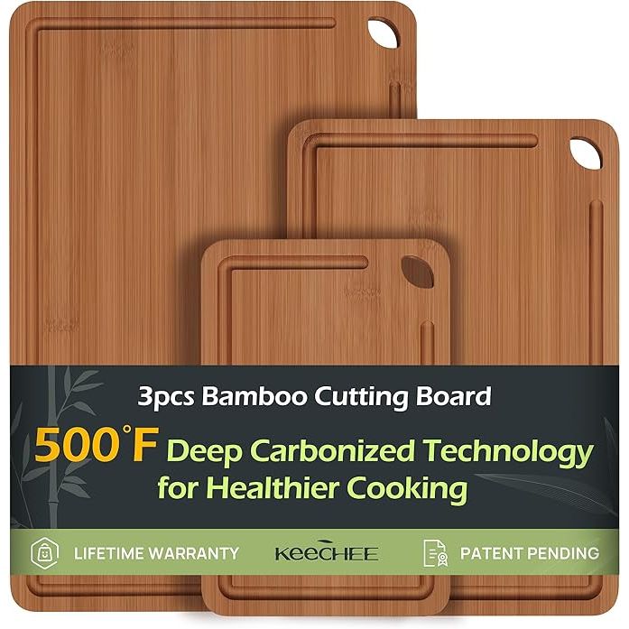 Introducing the Keechee Wood Cutting Board Set, a versatile and essential addition to your kitchen arsenal. This set includes three cutting boards in sizes 15x10 inches, 12x8 inches, and 9x6 inches, perfect for all your culinary needs.