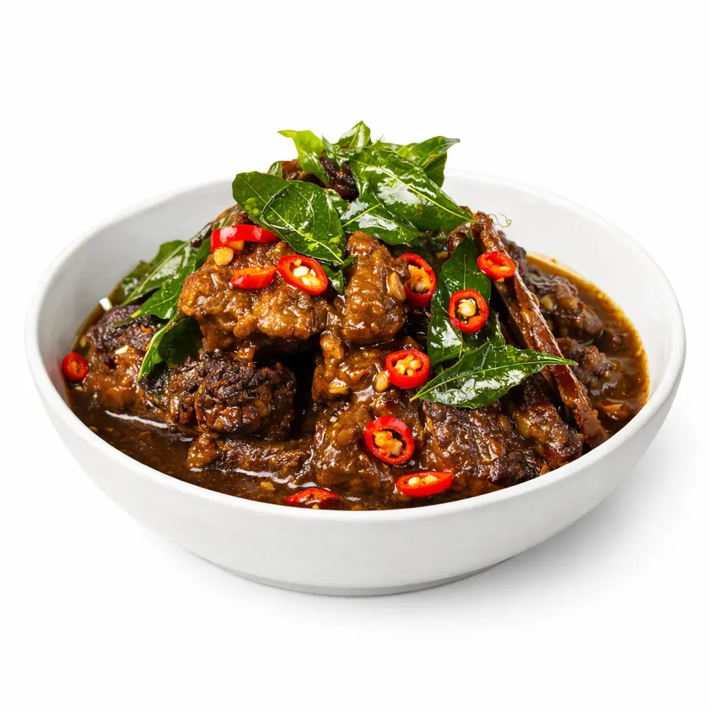 A traditional Sri Lankan dish celebrating spiced perfection with aromatic toasted spices, tamarind, and creamy coconut, encasing tender pork ribs in an intensely flavored sauce.